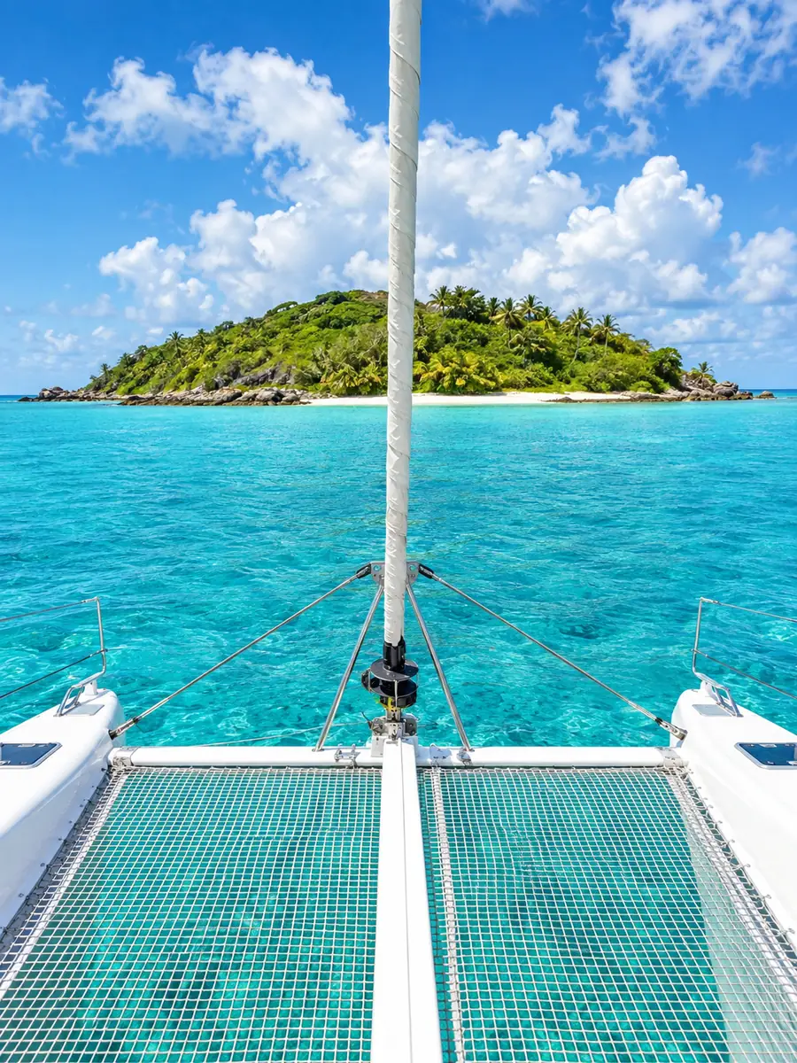 Vista sobre las proas de un catamarán de vela hacia una pequeña isla verde a través de agua turquesa