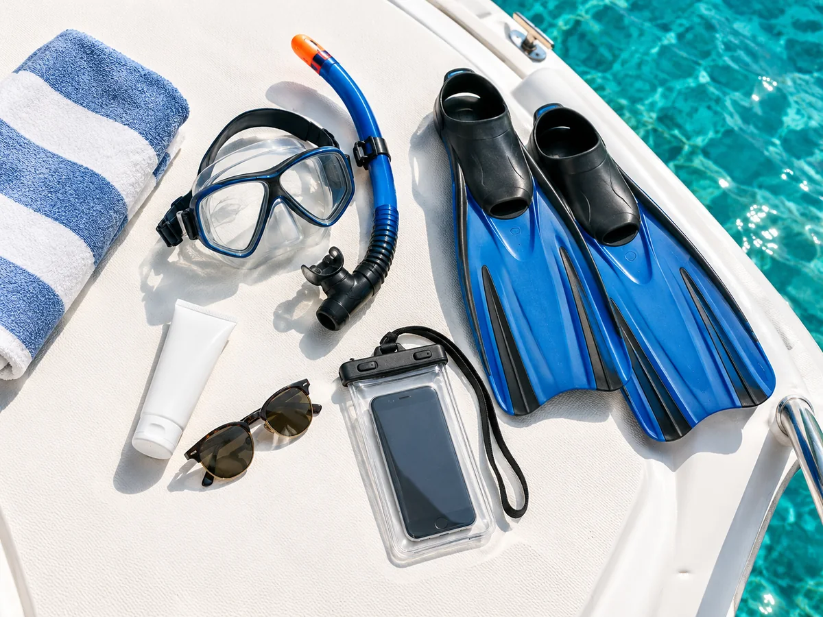 Máscara de esnórquel, aletas, toalla, protector solar y una funda impermeable para el móvil en la cubierta de un barco